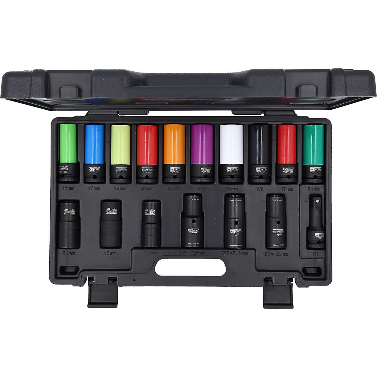 Schwarzer Werkzeugkasten mit farbigen Steckschlüsseln. Oben sind bunte Steckschlüssel und unten sind schwarze Steckschlüssel in einer Box.